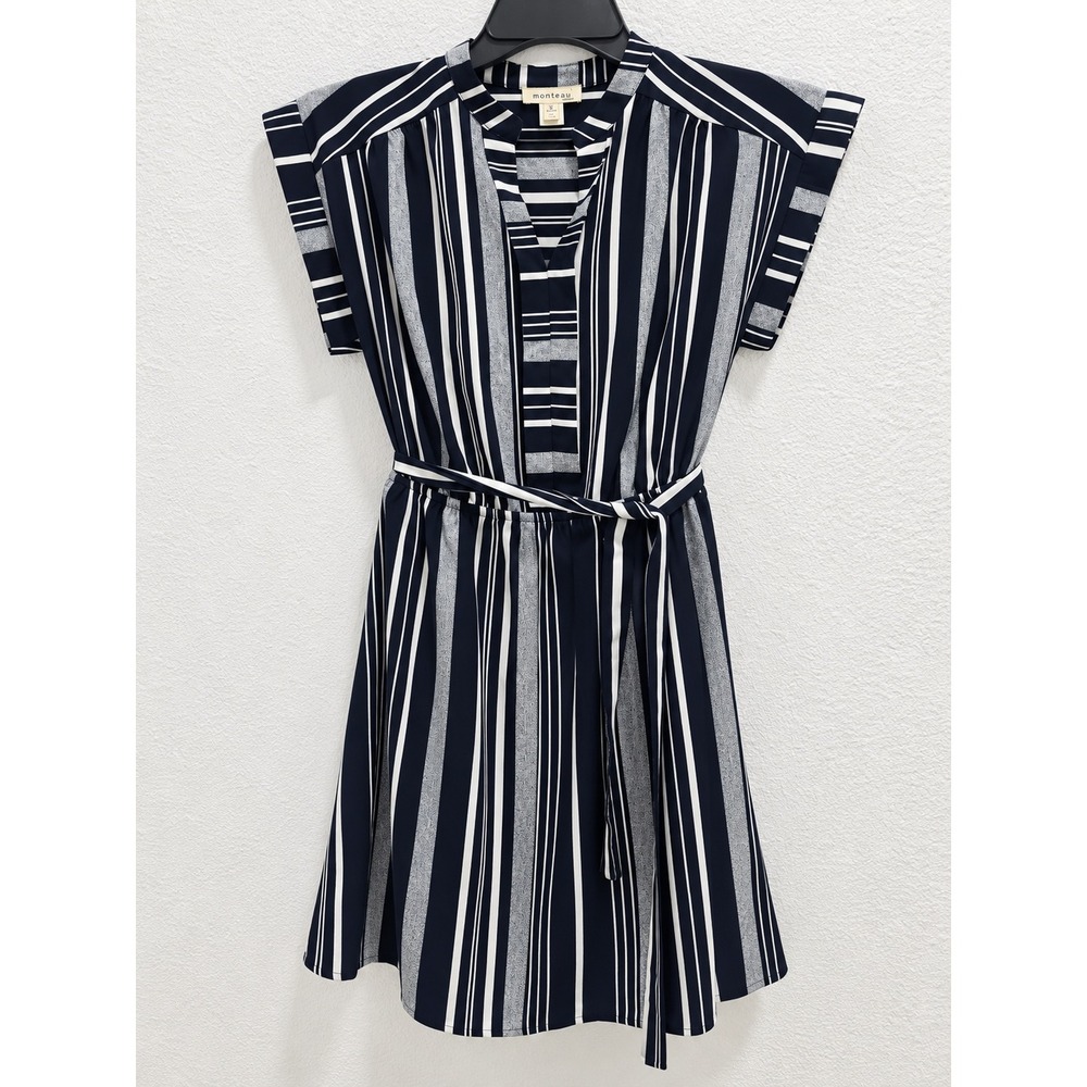 Monteau Los Angeles Navy White Striped Cap Sleeve Belted Mini Dress Large
